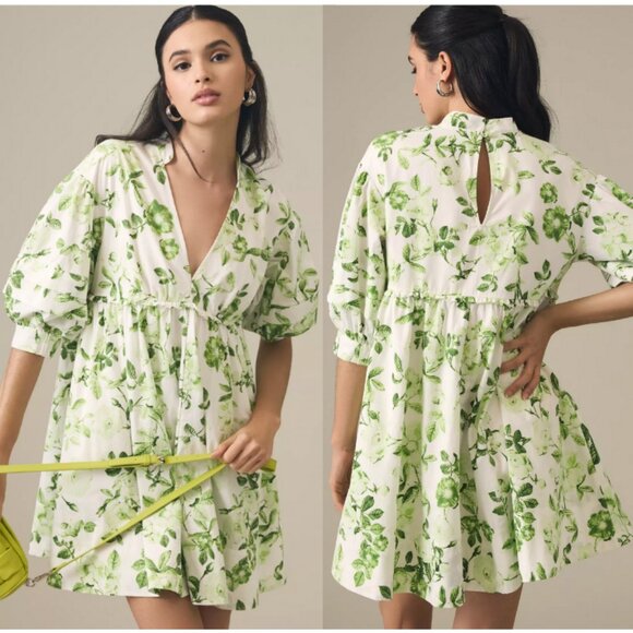 MAEVE ANTHROPOLOGIE V-Neck Floral Tunic Dress Puff Sleeve Green White Size L - Picture 1 of 10
